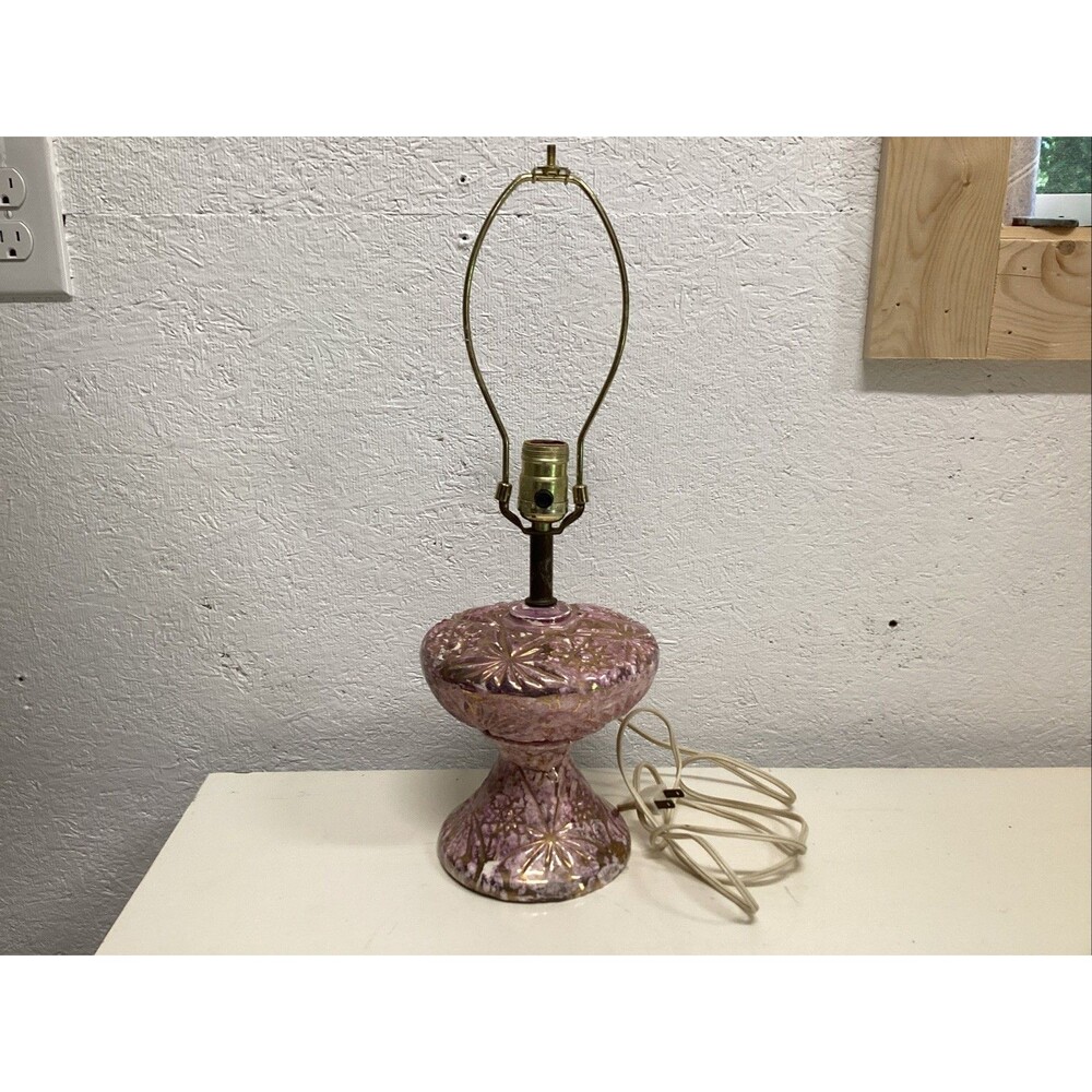 vintage mcm table lamp purple w/gold accents textured geometric 11.5”x7”